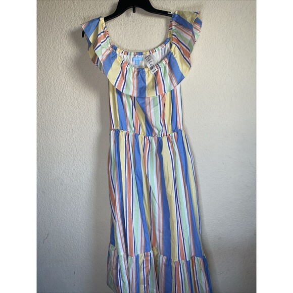 new Draper James Off Shoulder Ruffle Spring Dress Stripe L Belt Women lagen - Picture 1 of 10